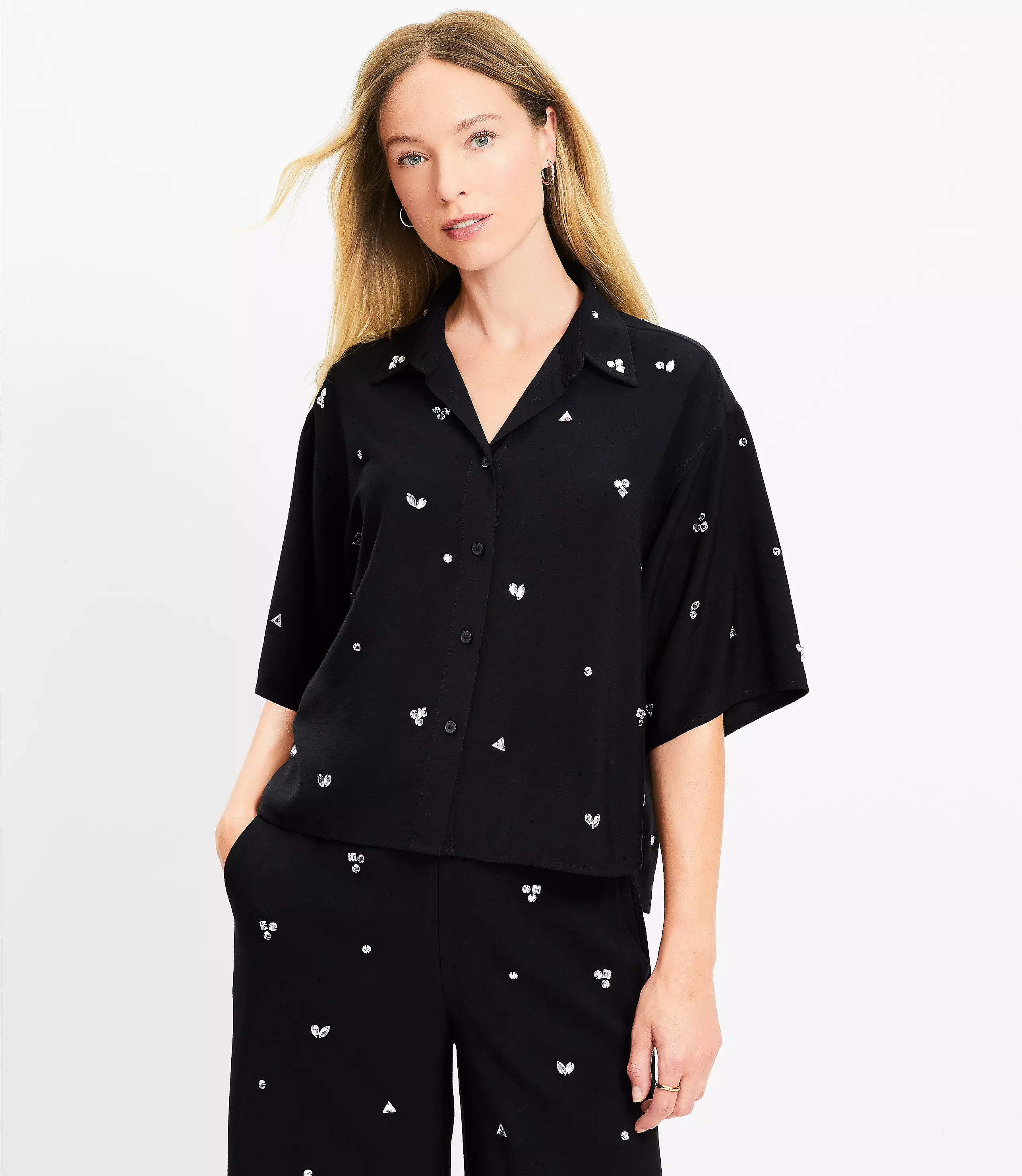 Petite Jeweled Cluster Short Sleeve Shirt | LOFT