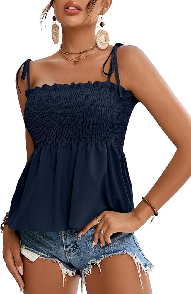 LYANER Women's Cute Summer Tops Tie Shoulder Shirred Ruffle Hem Sleeveless Sexy Cami Blouse Peplum Top | Amazon (US)