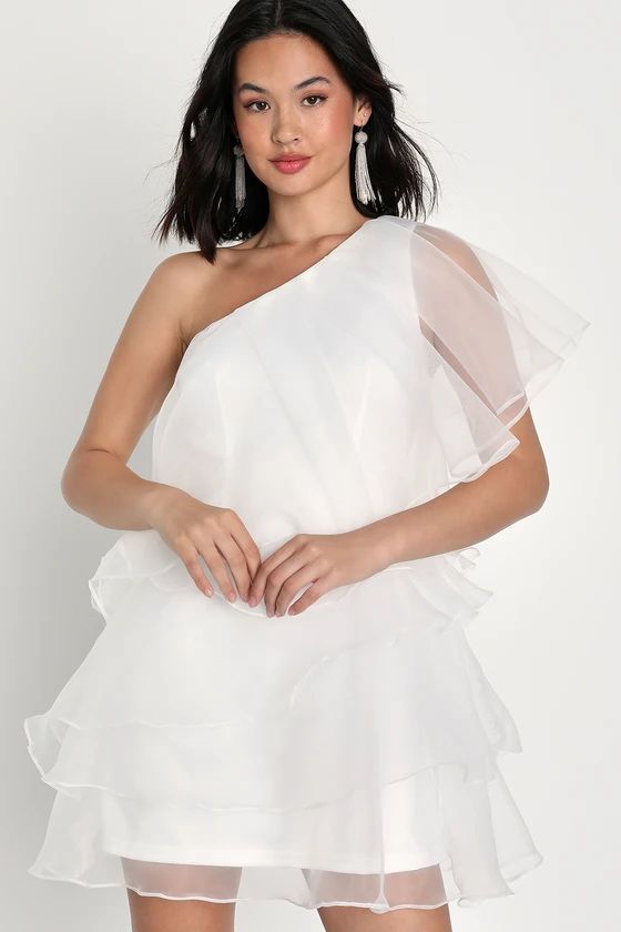 Enchanting Arrival White Organza Tiered One-Shoulder Mini Dress | Lulus (US)