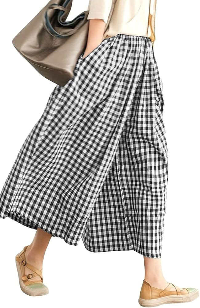 LOMON Womens Wide Leg Capri Pants Cotton Gingham Plaid Culottes Summer Elastic Waist Palazzo Trou... | Amazon (US)