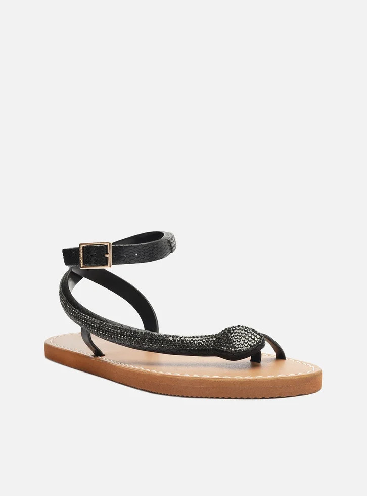 Sandália Rasteira Preta Brizza Snake Strass Lille | ZZ Mall (BR)