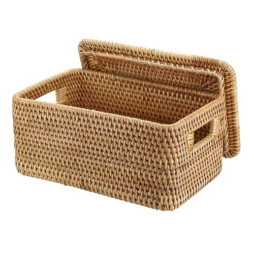 Hipiwe Rattan Basket with Lid Rectangular Lidded Basket Natural Hand-Woven Wicker Storage Basket Bin for Shelf Organizing Picnic Food Bread Table Storage Basket, 12"x7.9"x 5.9" | Amazon (US)