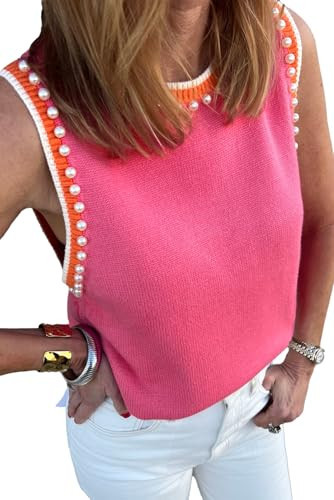 Apvirdy Contrast Trim Pearl Sweater Vest for Women Crewneck Sleeveless Comfy Sweater Tank Top Pink | Amazon (US)