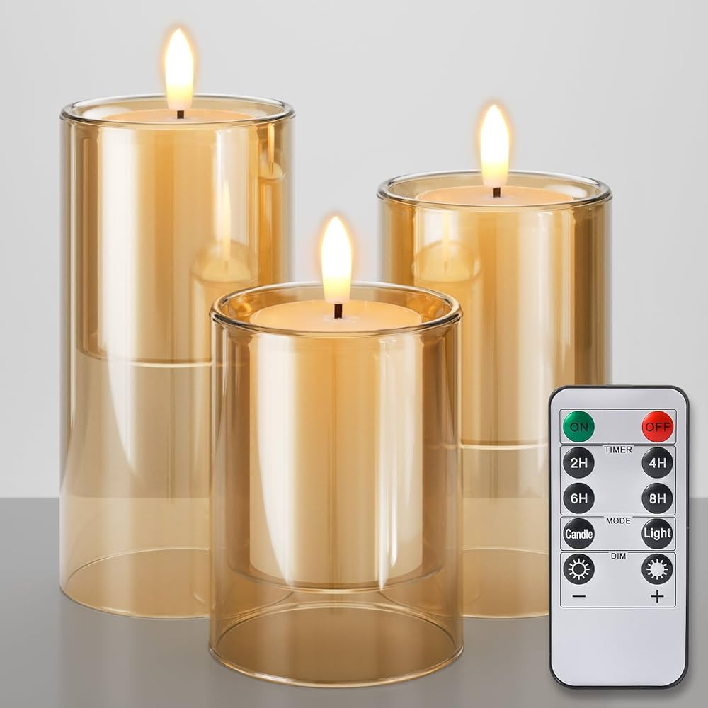 NURADA Flameless Candles with Remote Timer - Glass Holder Real Wax 3D Wick LED Pillar Votive Cand... | Amazon (US)