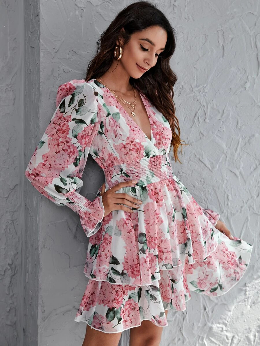 SHEIN Surplice Neck Shirred Panel Wide Waistband Layered Dress | SHEIN