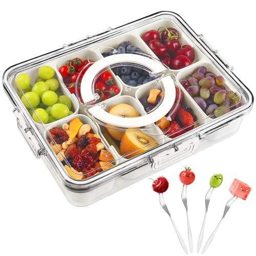 YFWE Snackle Box Container, Divided Serving Tray with Lid and Handle with 8 Compartments & 4 Forks, Portable Snack Box for Fruits, Veggie, Candy, Snacks, Clear Snack Tray for Party, Picnic & Travel | Amazon (US)