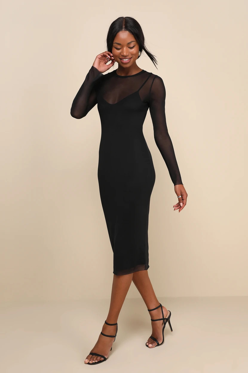 Perfect Plans Black Long Sleeve Midi Dress Black Midi Dress Black Midi Wedding Guest Dress Midi | Lulus