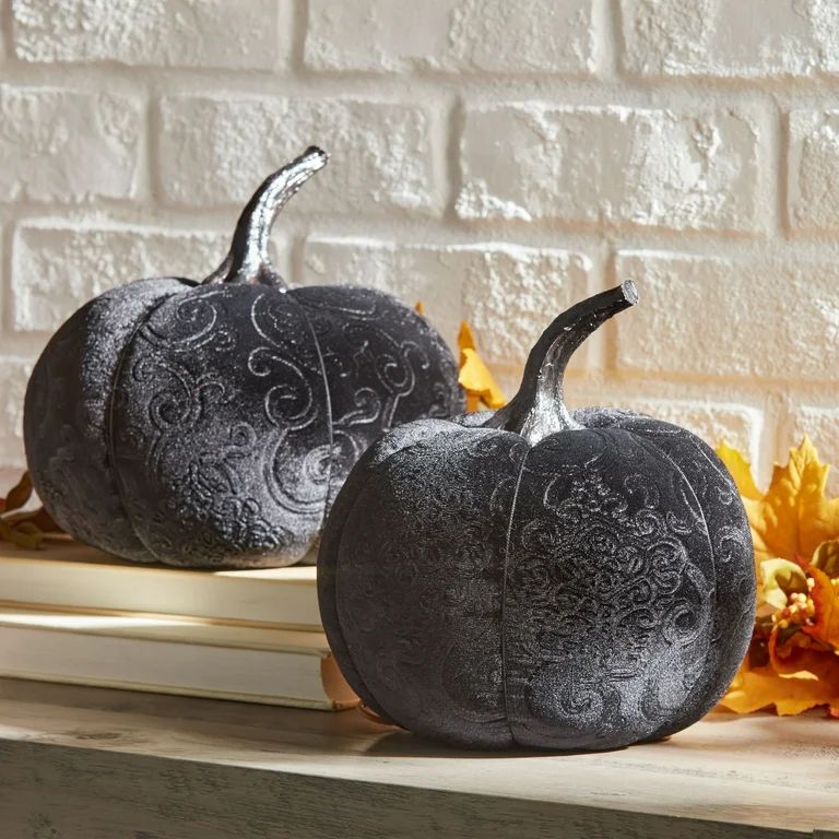Way To Celebrate Halloween Black Fabric Pumpkin Decorations, Set of 2, 7.25” & 7” | Walmart (US)