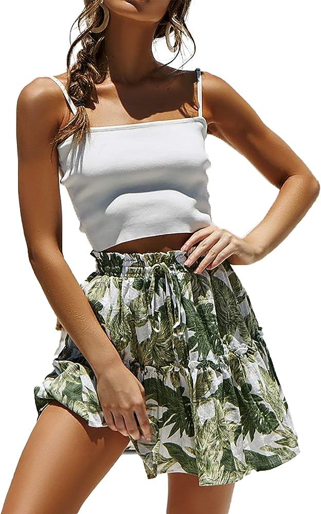 Relipop Women's Floral Flared Short Skirt Polka Dot Pleated Mini Skater Skirt with Drawstring | Amazon (US)