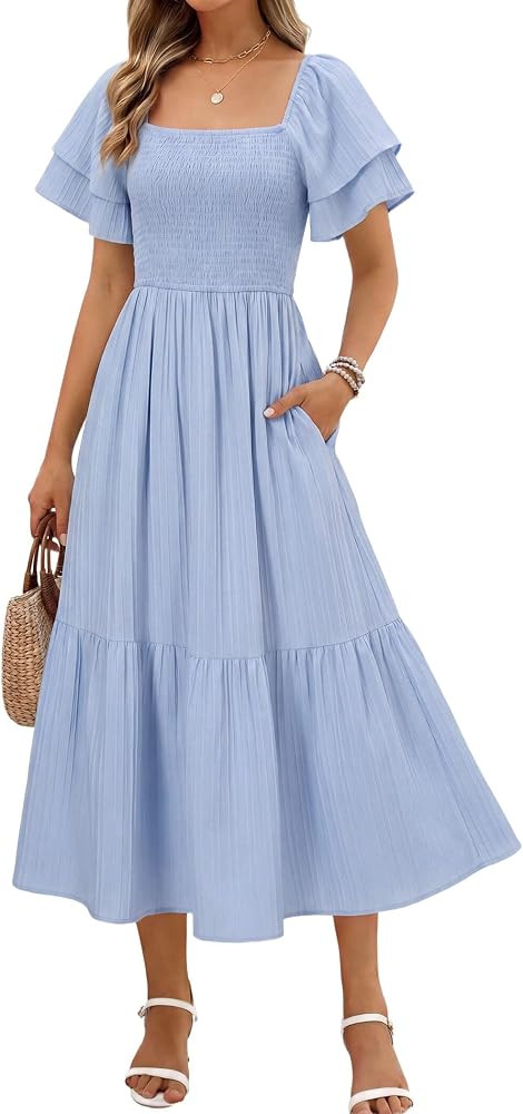 Women's Summer Midi Dress Short Sleeve Square Neck Off Shoulder Ruffle Elastic High Waist Vacatio... | Amazon (US)
