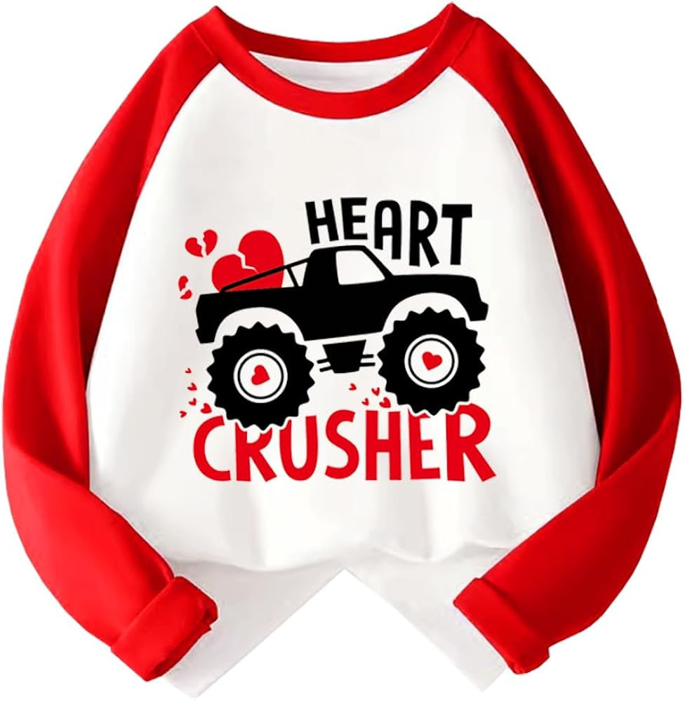 Kids Valentines Day Shirt Boys Girls Valentine's Monster Truck Dinosaur Heart Graphic Tees Raglan... | Amazon (US)