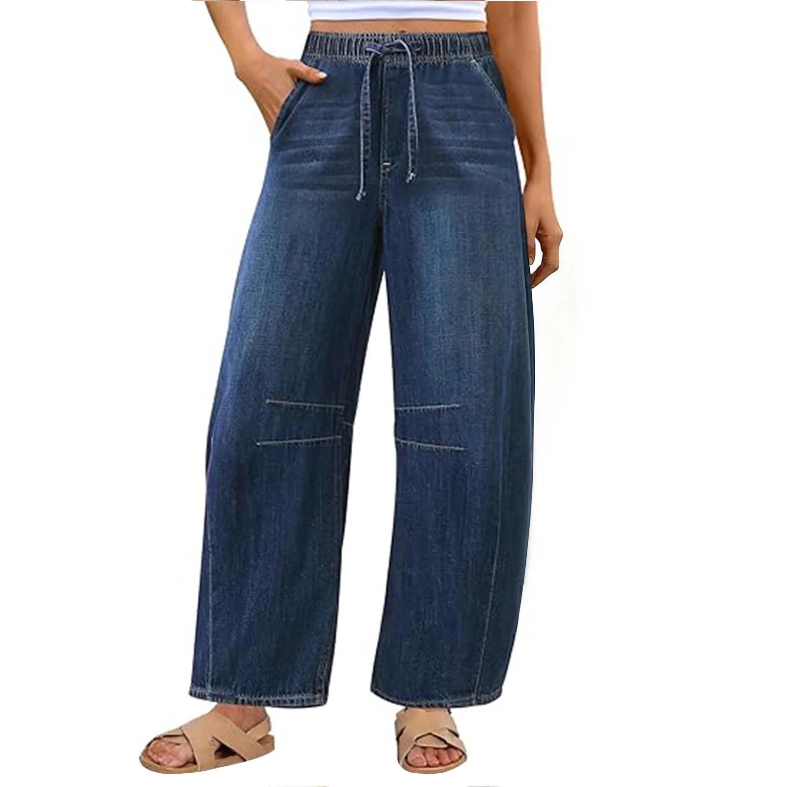 RQYYD Women Barrel Jeans High Waisted Wide Leg Drawstring Denim Pants Y2K Baggy Loose Fit Trouser... | Walmart (US)