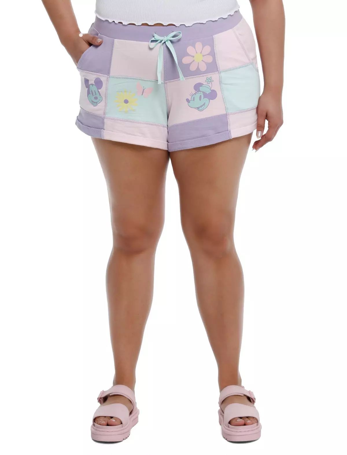 Her Universe Disney Pastel Spring Patchwork Girls Lounge Shorts Plus Size | Hot Topic