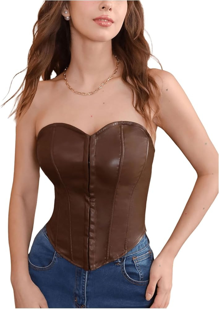 MakeMeChic Women's Corset Tube Tops Faux PU Leather Going Out Strapless Sleeveless Bandeau Bustie... | Amazon (US)