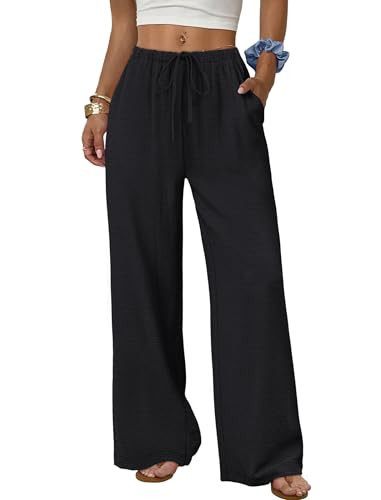 Sampeel Women's Pants Wide Leg Dressy Black Linen Pants Work Palazzo Business Casual Outfits Fahion Beach Vacation Clothes Summer Outfits Travel Comfy Trousers L | Amazon (US)