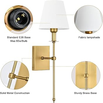 Pauwer Slim Wall Sconces Set of 2 White Fabric Shade Hardwired Indoor Light Column Stand Bedroom ... | Amazon (US)
