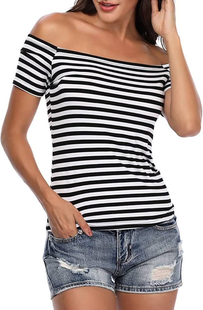 Fuinloth Women's Off Shoulder Tops, One Shoulder Shirts, Short Sleeves Sexy Slim Fit Tees | Amazon (US)