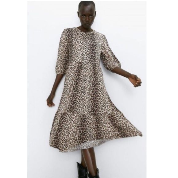 Zara leopard print tiered puff sleeve midi dress S | Poshmark
