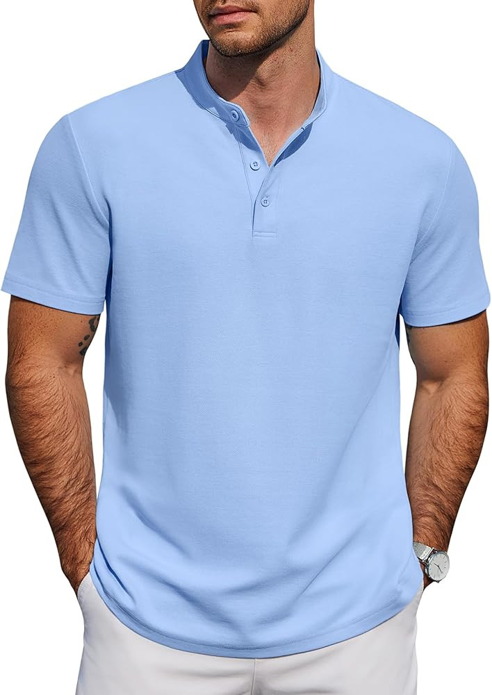 COOFANDY Men's Casual Henley Shirt Short Sleeve Cotton Pique Band Collar Shirt Summer Button Basi... | Amazon (US)