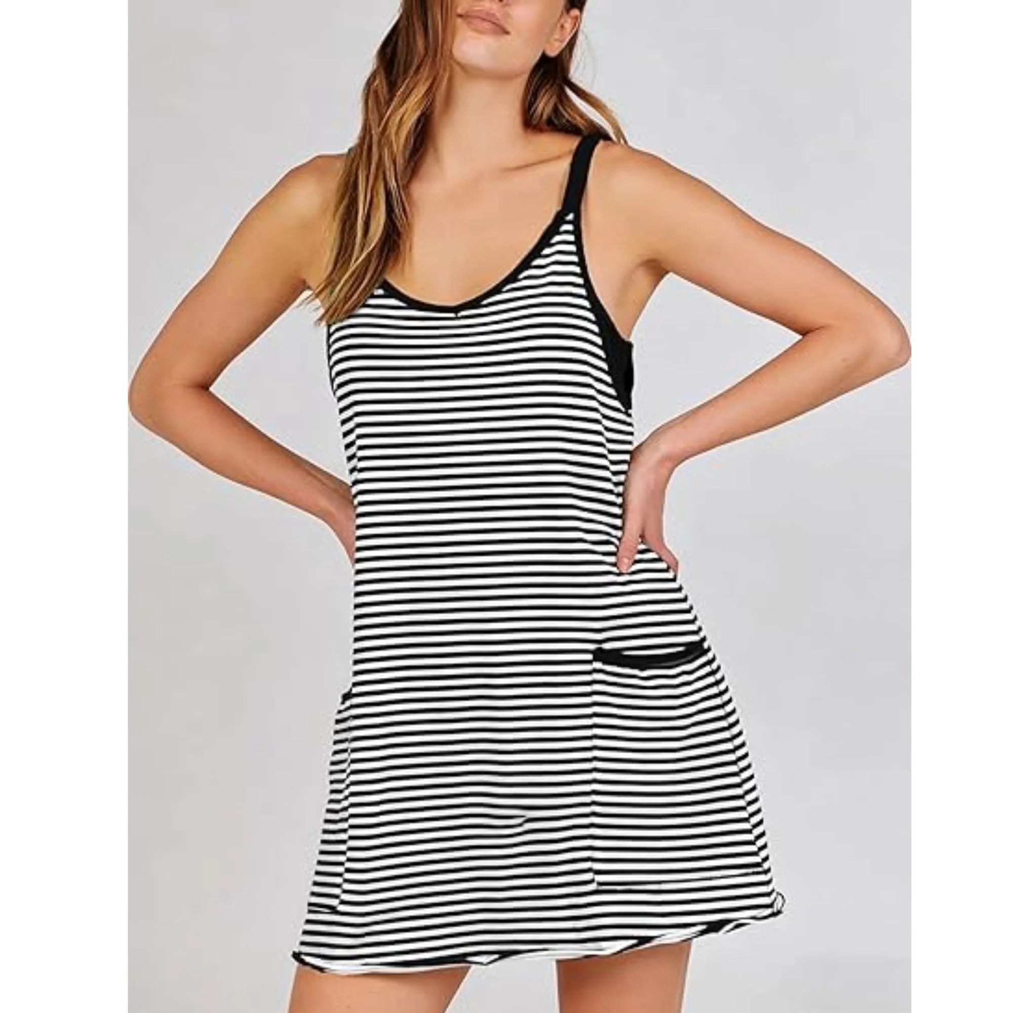 Women's Summer Striped Athletic Tennis Mini Dress Sleeveless Built-in Shorts Workout Vacation Sun... | Walmart (US)