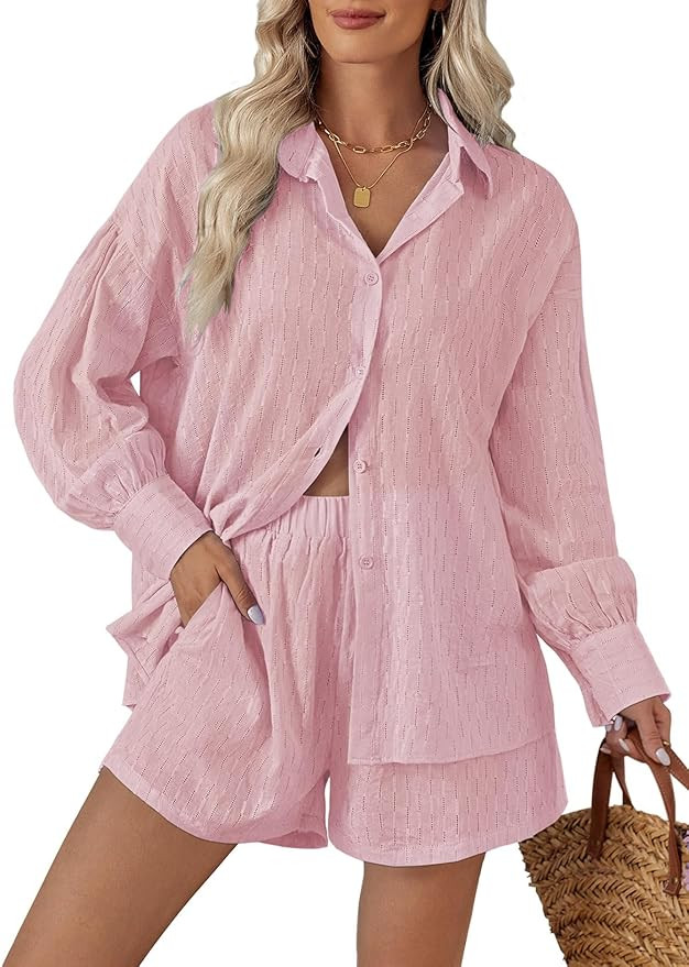 Fixmatti 2 Piece Outfits Long Sleeve Button Down Shirt and Shorts Sweatsuit Lounge Sets | Amazon (US)