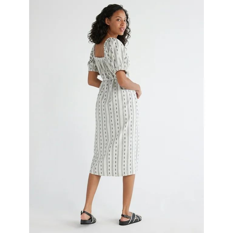 Time and Tru Women's Square Neck Midi Dress with Belt, Sizes XS-XXXL | Walmart (US)