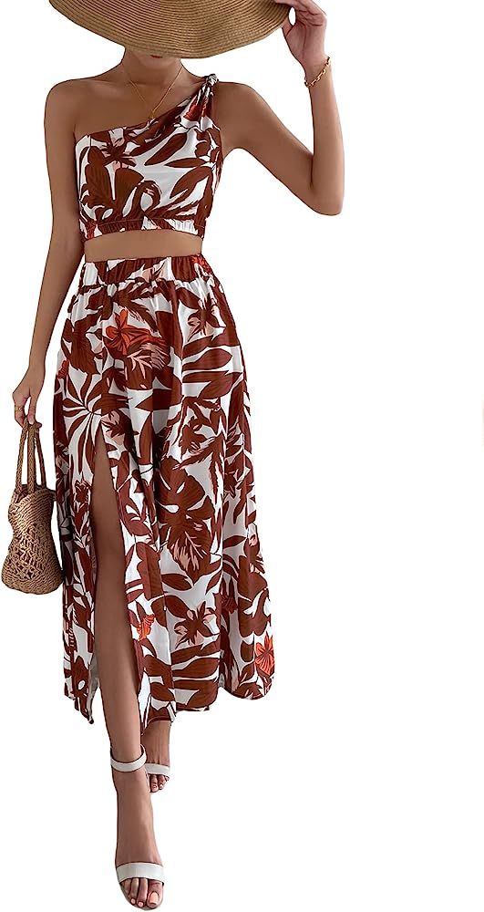 MakeMeChic Women's Summer 2 Piece Outfits Tropical One Shoulder Crop Tank Top Split Long Skirt Se... | Amazon (US)