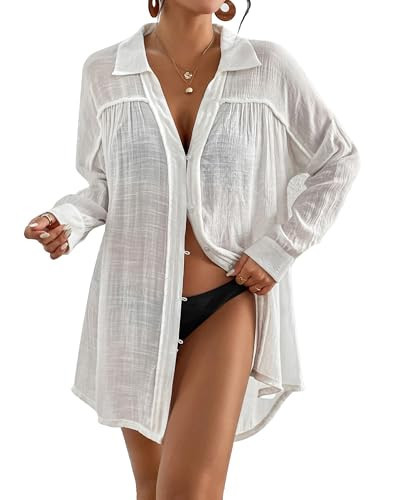 Bsubseach Long Sleeve Cover Up Oversized White Button Down Shirt Wome Bating Suit Coverup White S | Amazon (US)