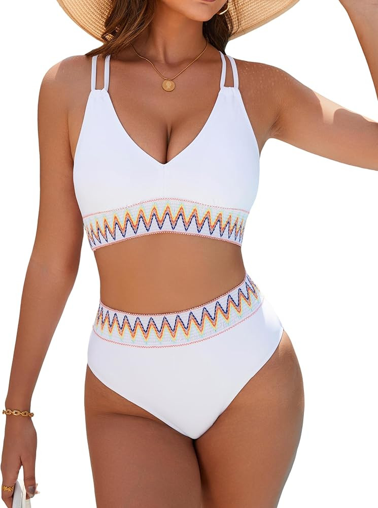 BMJL Womens High Waisted Bathing Suits Ribbed Two Piece Bikini Sets Sexy V Neck Push Up Swimsuits | Amazon (US)