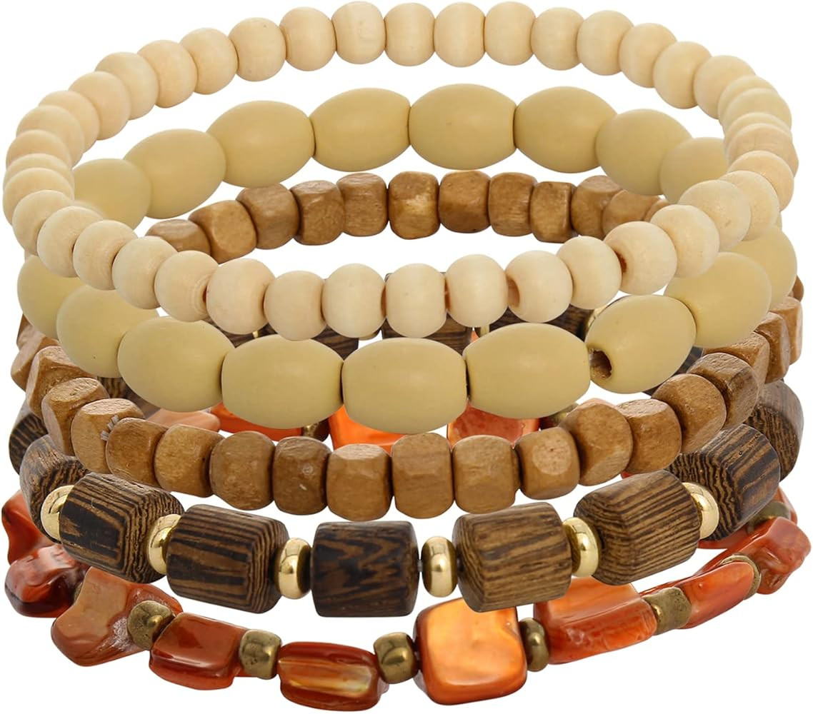 Coiris 5 Pcs Wood Beads Bracelet Bangle for Men and Women Elastic Adjustable Bracelet with Elasti... | Amazon (US)