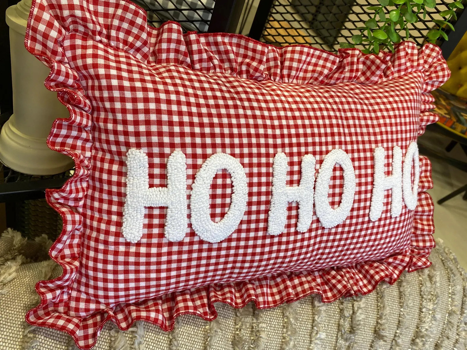 Ho Ho Ho Red Gingham Christmas Pillow, Holiday Punch Needle Cushion, Farmhouse Xmas Throw Pillow ... | Etsy (US)