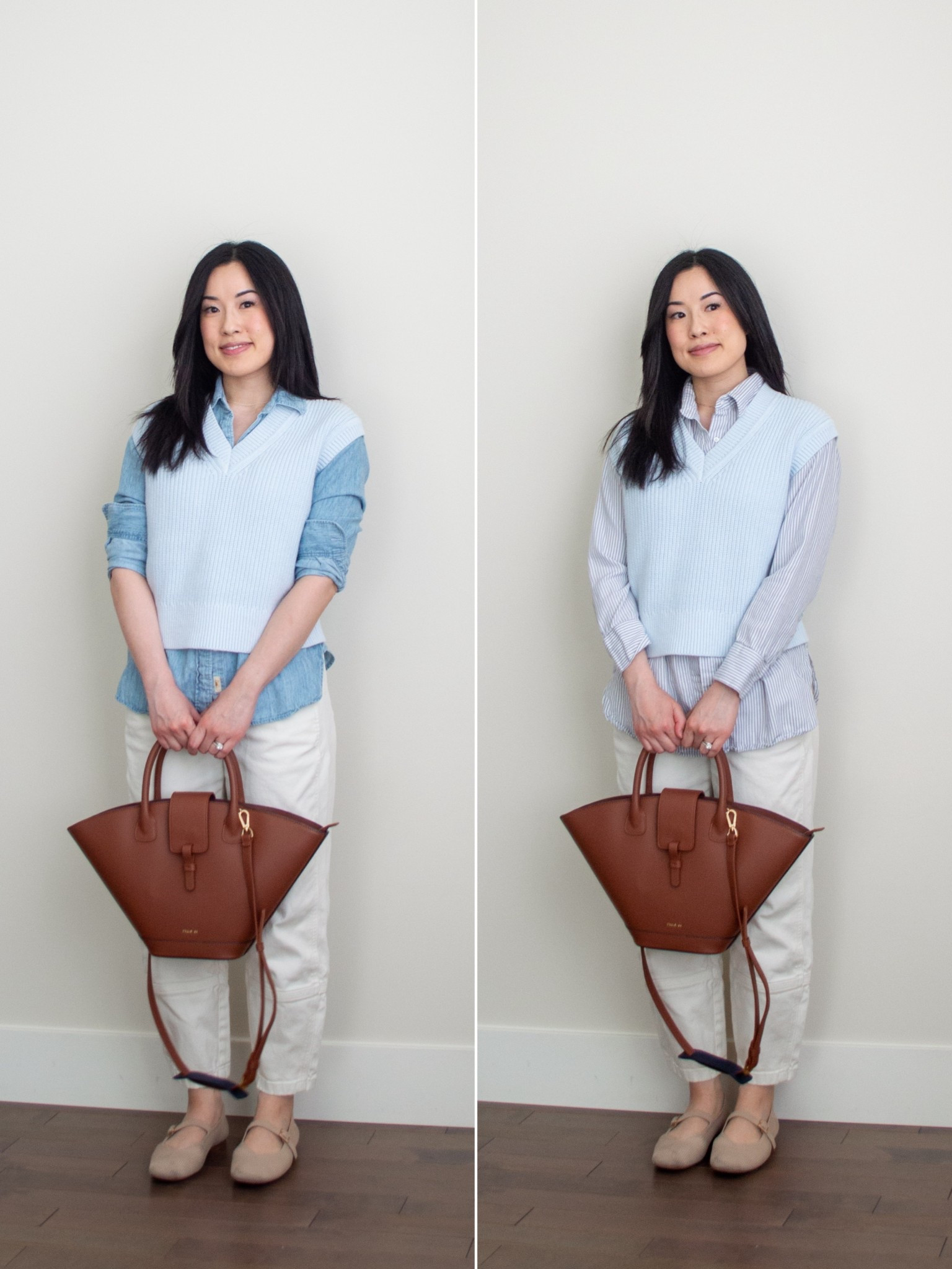 Swapped one piece. Kept everything else.

The left look wasn’t bad, but the shirt and vest were competing at the same hemline, which made the whole silhouette read boxy and flat. One longer shirt fixed it.

Same closet. No new purchases. Just a better understanding of proportion.

Which one works for you? Left or right 👇

Wearing Everlane vest (S) and pants (0), Faherty shirt (XS, left outfit)  Unavailable to link oversized shirt from ABLE (right outfit). 

#LTKPetite #LTKSeasonal #LTKootd