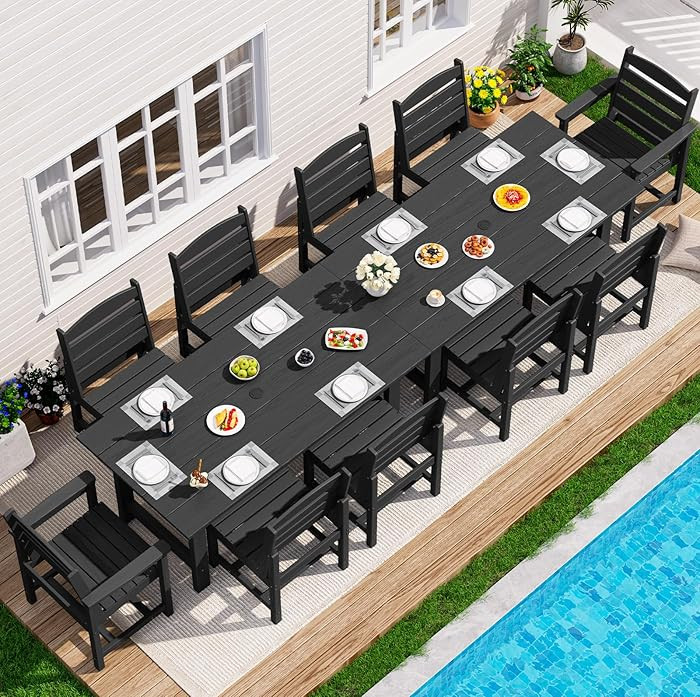 SERWALL Patio Dining Sets for 10 Person, HDPE Dining Set with 2 Tables, 8 Armless Chairs and 2 Ar... | Amazon (US)