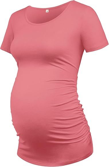 FABRACK Women's Maternity Shirt Must-Have Short/Long Sleeve Side Ruched Basic Pregnancy Shirt | Amazon (US)