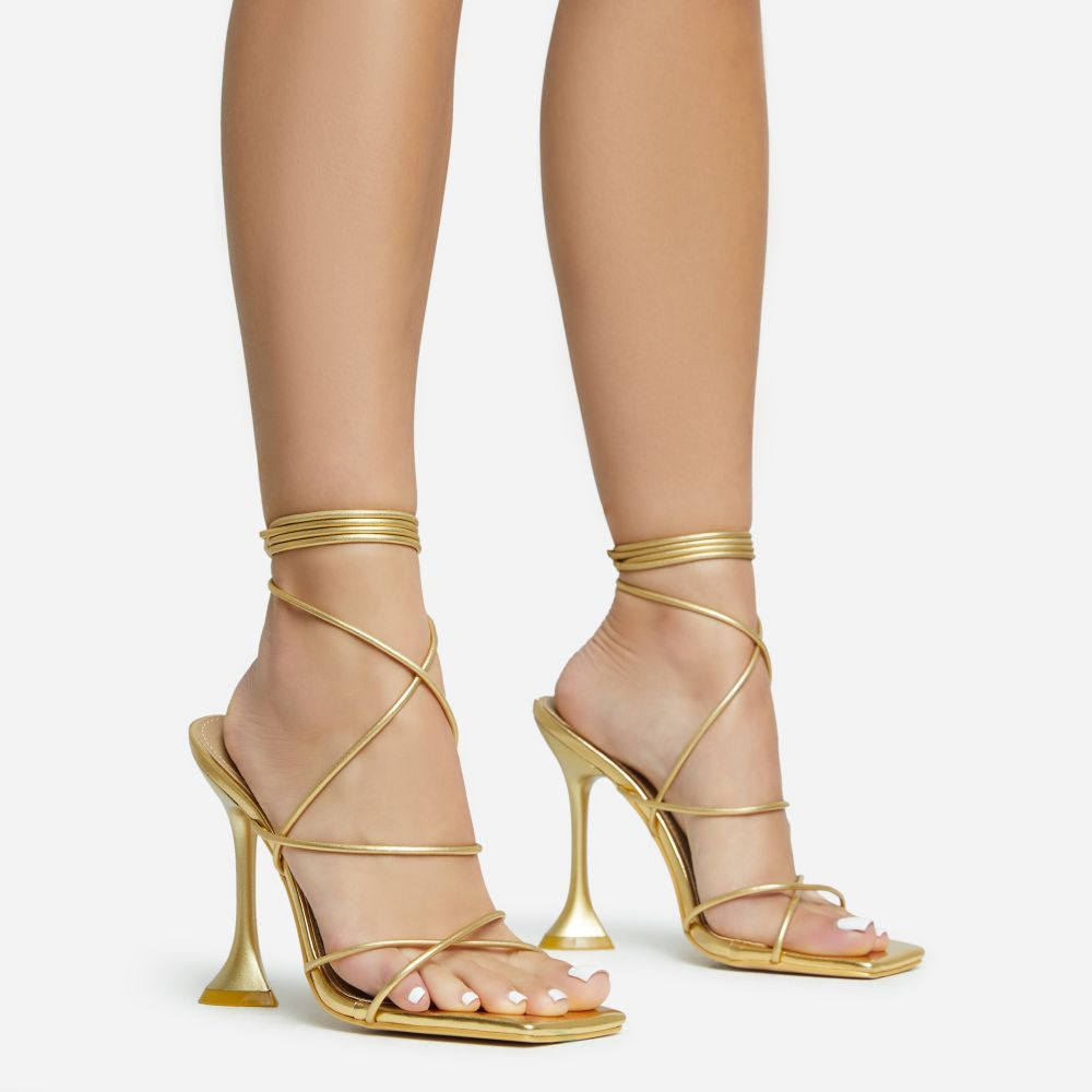 Love-To-Hate Lace Up Strappy Square Toe Statement Heel In Gold Faux Leather | EGO (UK)