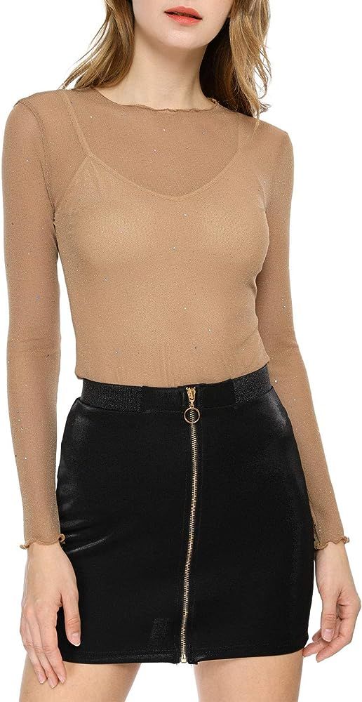 Allegra K Women's Glitter Mesh See Through Slim Party Top with Spaghetti Strap Camisole Medium Go... | Amazon (US)