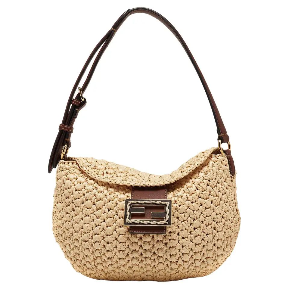 Fendi Beige/Brown Woven Wicker and Leather Small Croissant Hobo | 1stDibs