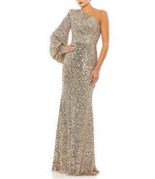 Sequin Asymmetrical One Shoulder Long Bishop Sleeve Sheath Gown | Dillard's