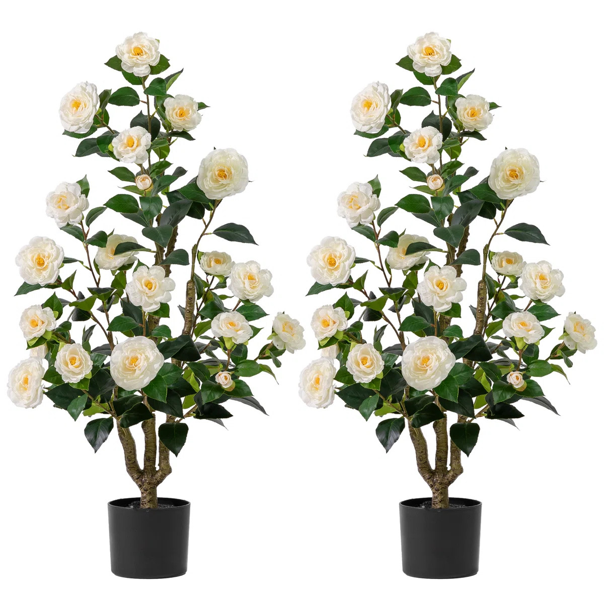 Artificial Camellia Tree 3.3 FT 2 Pack,with Blooming Flowers&Natural Wood Trunk (Set of 2) | Wayfair North America
