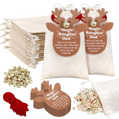 SilTriangle 50 Pcs Magic Reindeer Food Bags Christmas Cotton Treat Drawstring Bags with Gift Tags, Bells and Ribbons, Reusable Reindeer Food Kit for Candy Goodie Cookie Snack Gift Wrapping | Amazon (US)