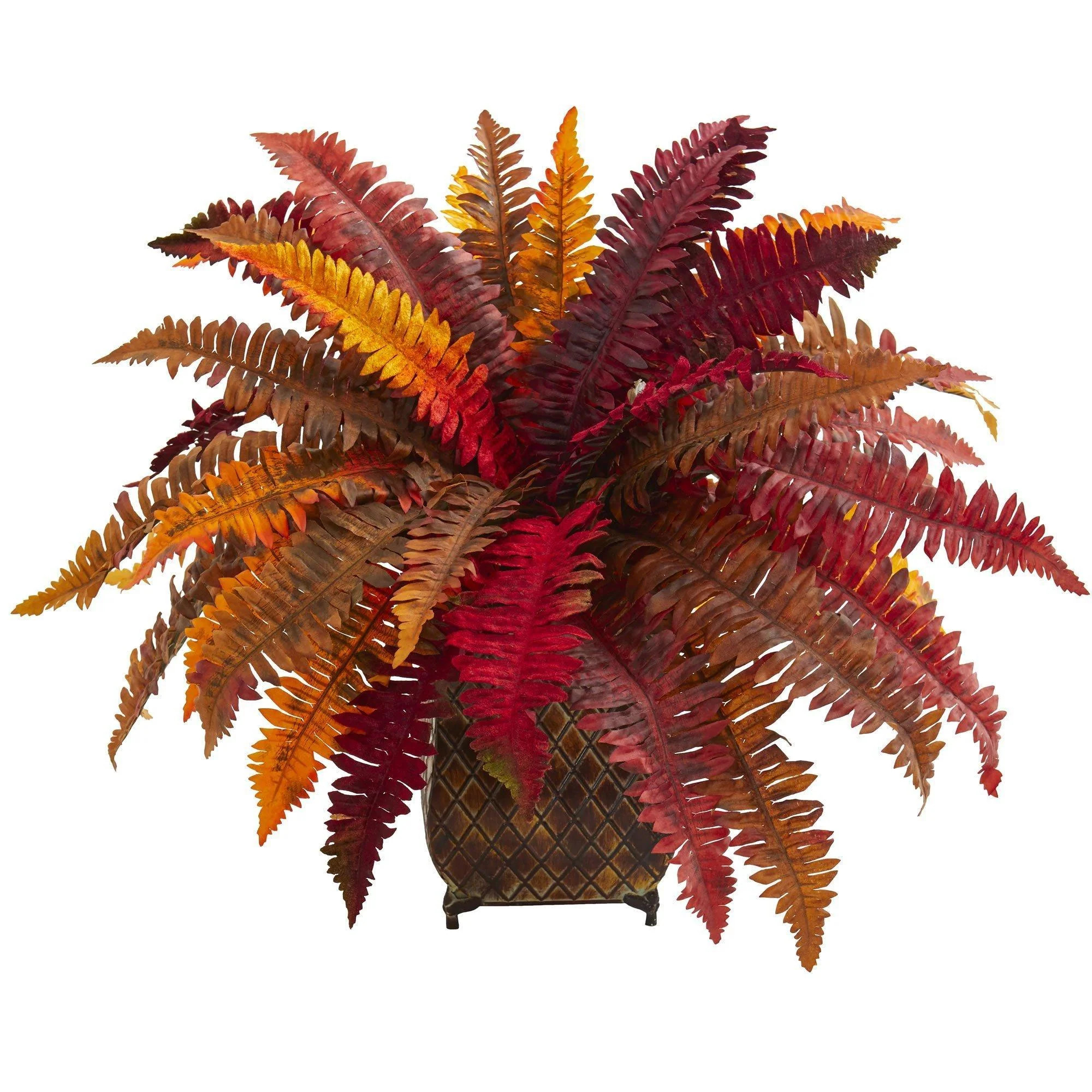 Autumn Boston Fern Artificial Plant in Metal Planter | Nearly Natural | Nearly Natural