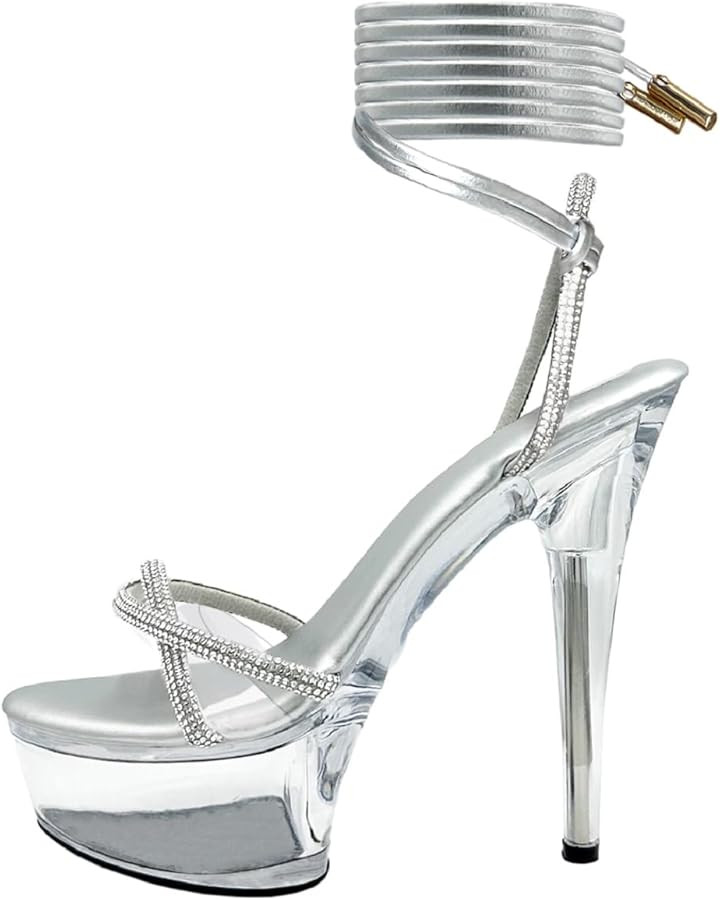 Women's Rhinestones Strap Clear Platform Stiletto Heels Sparkly Tie Up Strappy Sandals | Amazon (US)