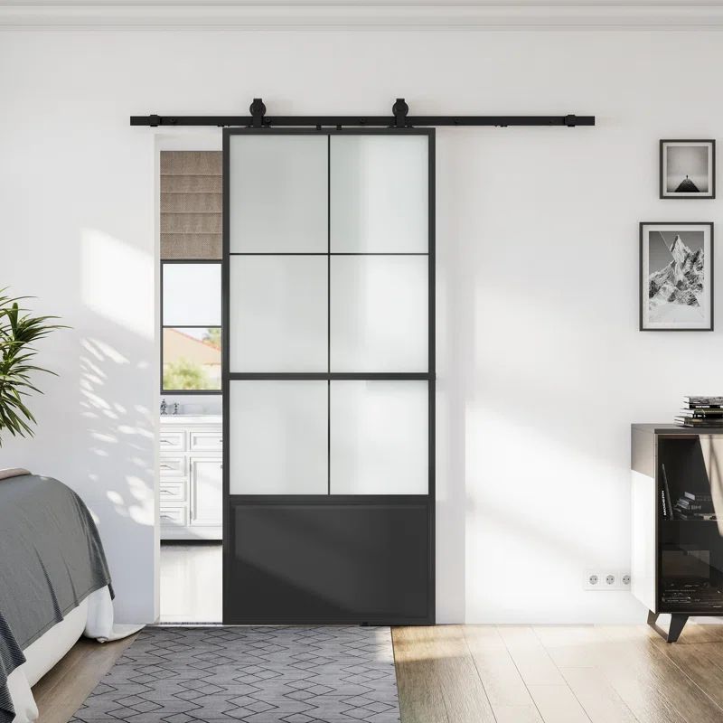 Glass and Metal Prefinished Barn Door with Installation Hardware Kit (Include Soft-Close) | Wayfair North America