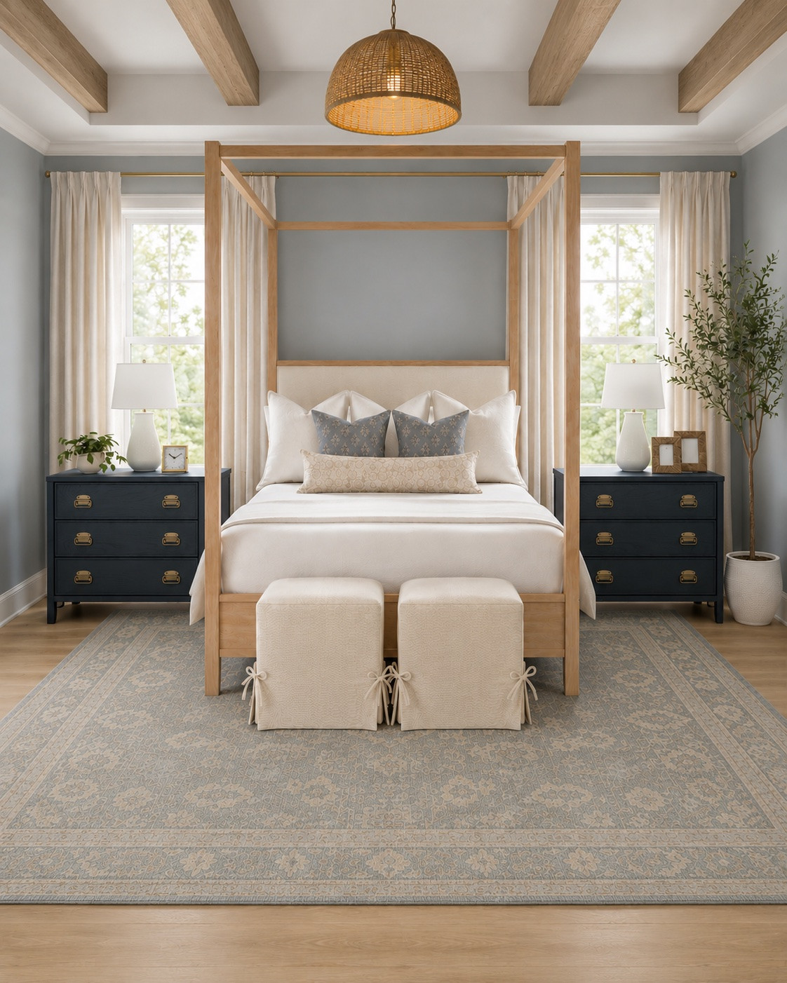 coastal bedroom, bedroom decor, bedroom furniture, primary bedroom, master bedroom ideas, bedroom makeover, bedroom inspiration, canopy bed, four poster bed, wood bed frame, navy nightstand, 3 drawer nightstand, wood dresser, bedroom dresser, swivel chair, accent chair, blue accent chair, vintage style rug, area rug, neutral curtains, linen curtains, coastal home decor, modern coastal, blue bedroom, neutral bedroom, transitional decor, timeless home decor, Serena and Lily style, Studio McGee style

#LTKHome #LTKSeasonal #LTKdayinmylife