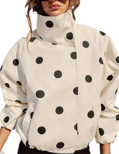 Women's Polka Dot Bomber Jacket Stand Collar Snap Button Coat 2026 Trendy Fall Outfits with Pocke... | Amazon (US)