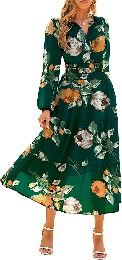 Women's Floral Boho Long Sleeve Maxi Dress V Neck Empire Waist Swing Flowy Wedding Guest Dress | Amazon (US)