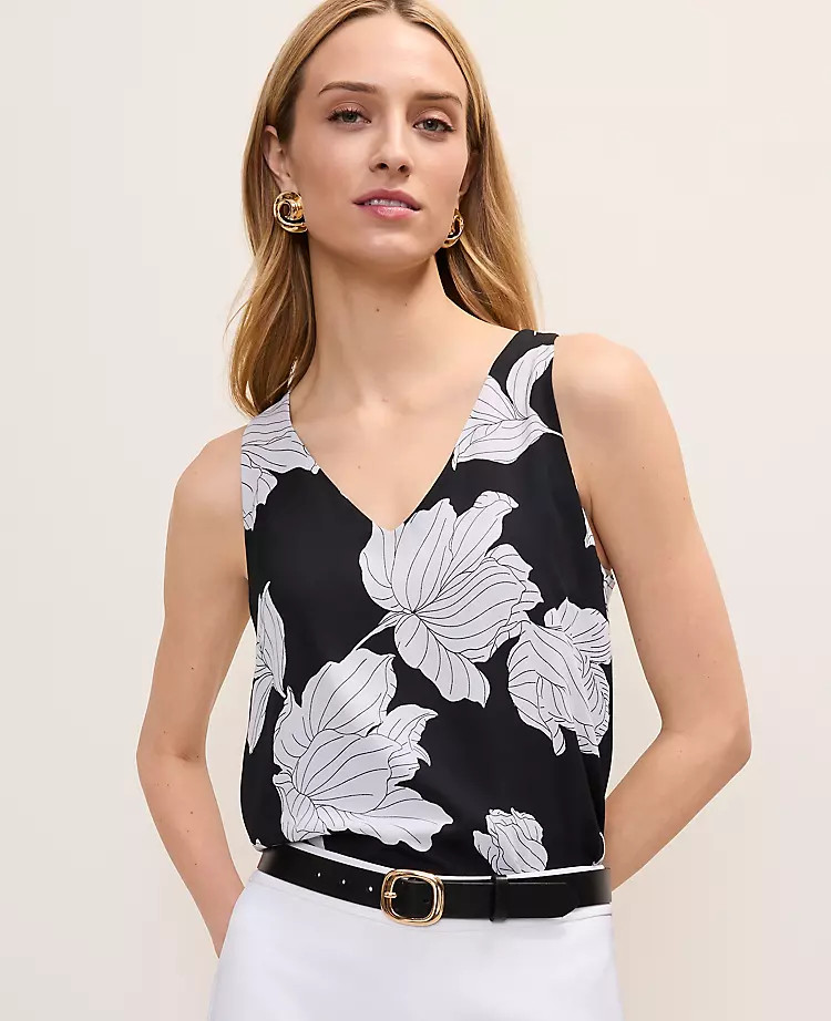 Floral Mixed Media V-Neck Shell | Ann Taylor