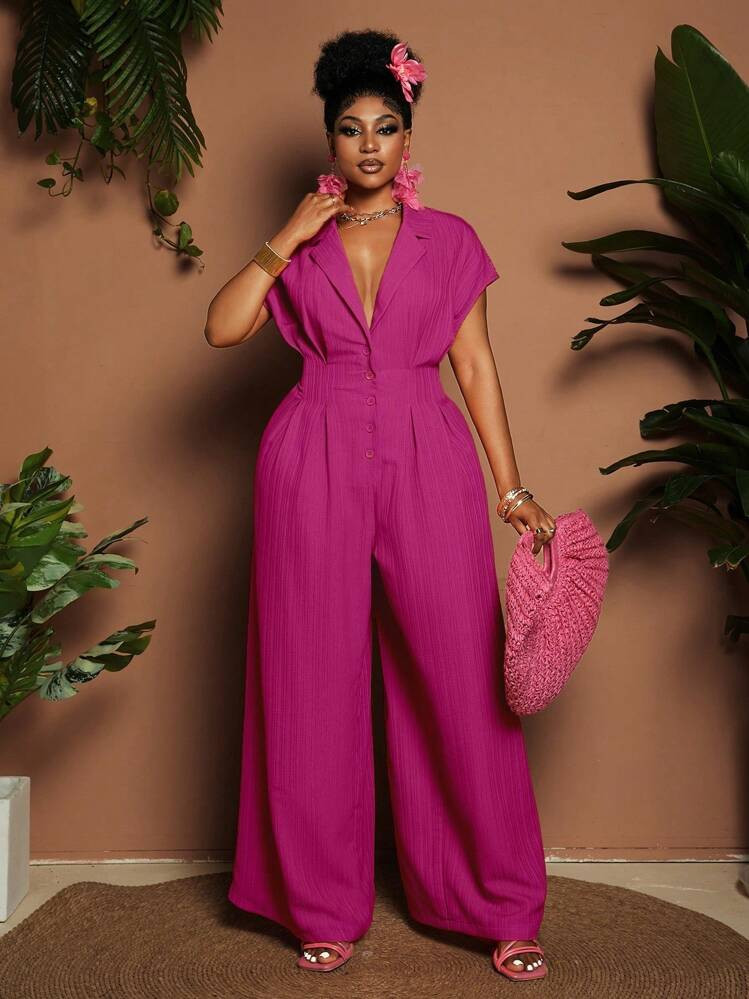 Maweii Plus Size Women Casual Solid Color Polo Collar Front Button Pleated Jumpsuit | SHEIN
