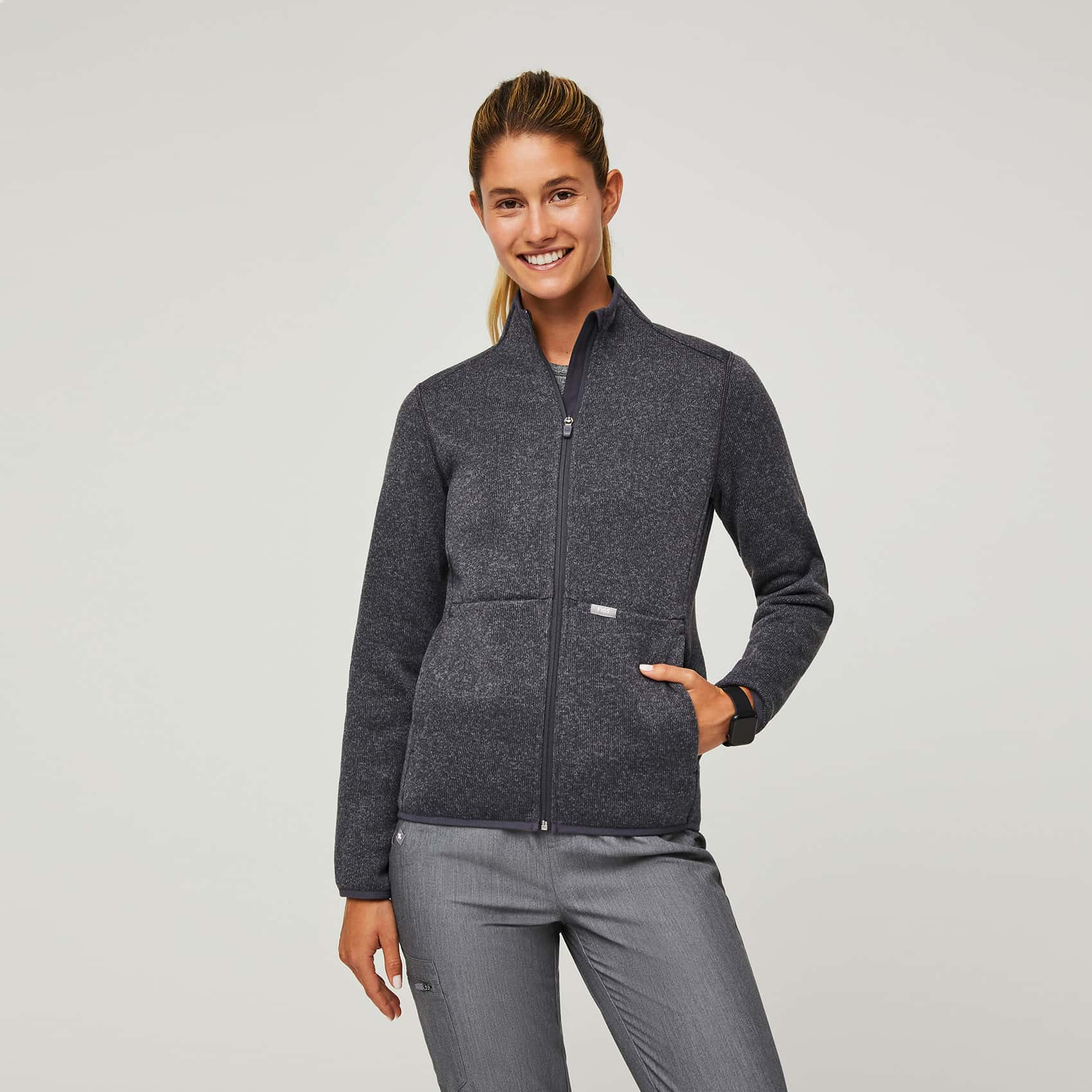 Women’s On-Shift™ Sweater Knit Jacket - Heathered Dark Charcoal · FIGS | FIGS