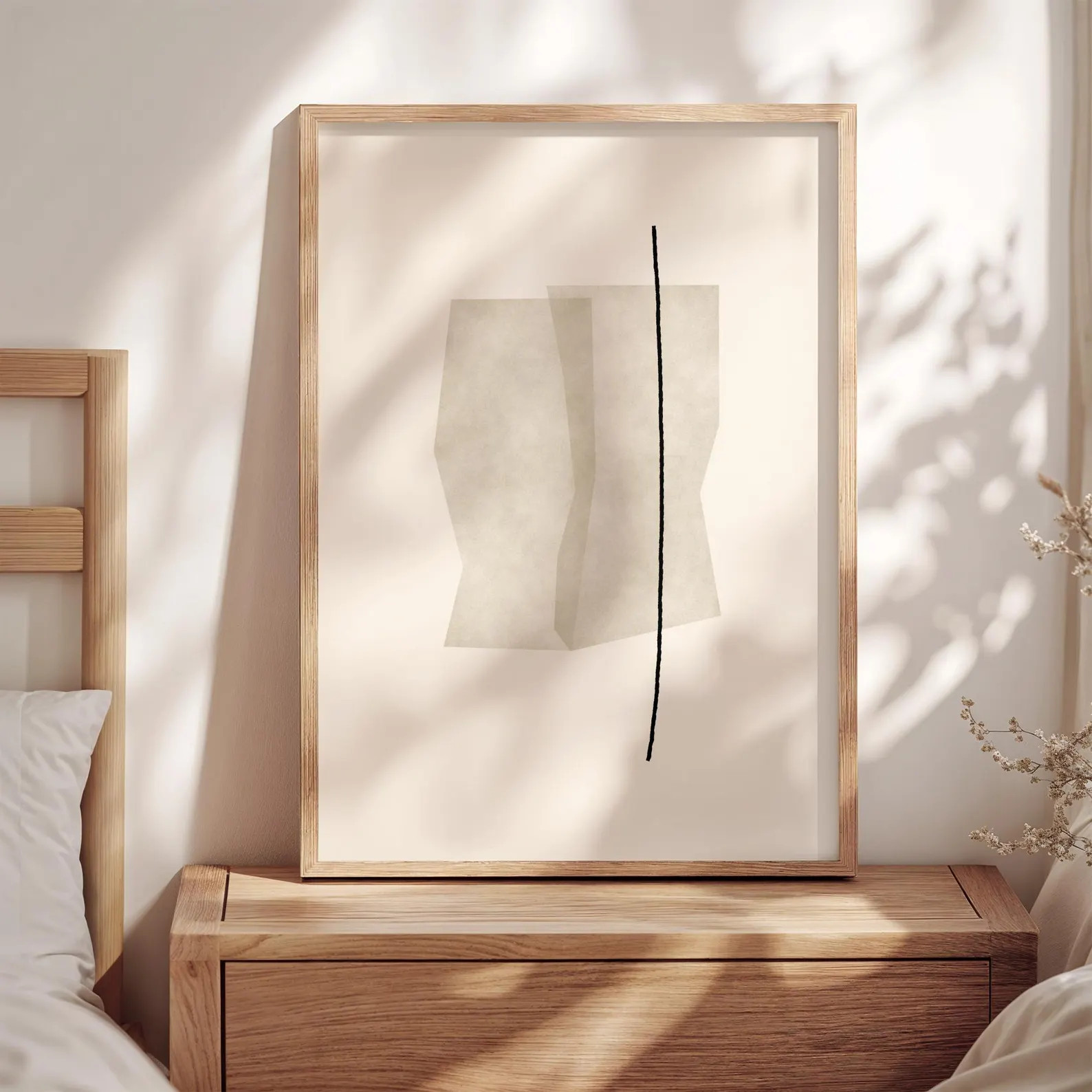 Beige abstract collage art with a black line, neutral minimal print, beige printable art, geometr... | Etsy (US)